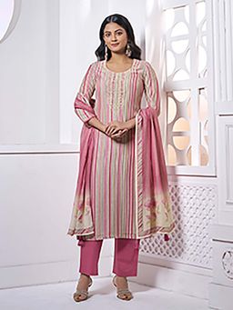 Seerat - Pink Stripes Printed Straight Kurta and Pant with Dupatta