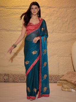 Sareemall - Women's Satin Teal Blue Embroidered Designer Saree with Unstitched Blouse