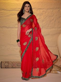 Sareemall - Women's Satin Red Embroidered Designer Saree with Unstitched Blouse