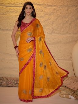 Sareemall - Women's Satin Yellow Embroidered Designer Saree with Unstitched Blouse