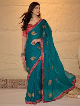 Sareemall - Women's Satin Teal Green Embroidered Designer Saree with Unstitched Blouse