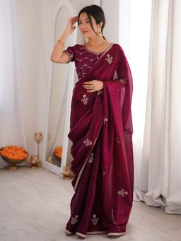 Sareemall - Women's Satin Wine Embellished Designer Saree with Unstitched Blouse