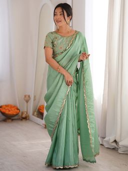 Sareemall - Women's Satin Green Saree with Unstitched Blouse