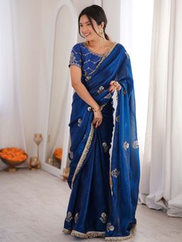 Sareemall - Women's Satin Blue Embellished Designer Saree with Unstitched Blouse