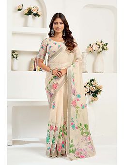 BFM - Off White Floral Printed Ready To Wear Saree with Unstitched Blouse