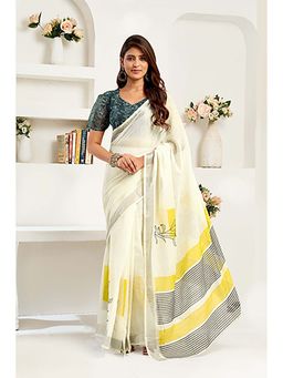 BFM - Off White Stripes Printed Ready To Wear Saree with Unstitched Blouse