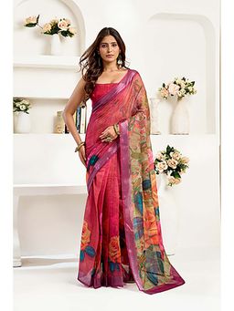 BFM - Pink Floral Printed Ready To Wear Saree with Unstitched Blouse