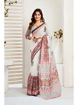 BFM - White Floral Printed Ready To Wear Saree with Unstitched Blouse