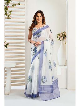 BFM - White Floral Printed Ready To Wear Saree with Unstitched Blouse
