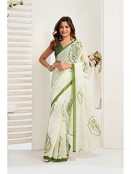 BFM - White Floral Printed Ready To Wear Saree with Unstitched Blouse