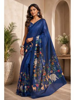 BFM - Navy Blue Abstract Printed Ready To Wear Saree with Unstitched Blouse