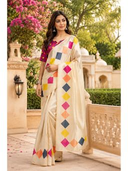 BFM - Cream Printed Ready To Wear Saree with Unstitched Blouse