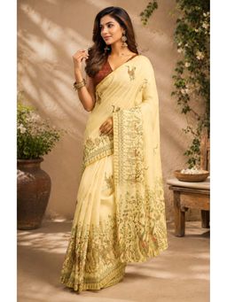 BFM - Cream Printed Ready To Wear Saree with Unstitched Blouse