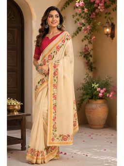 BFM - Cream Printed Ready To Wear Saree with Unstitched Blouse