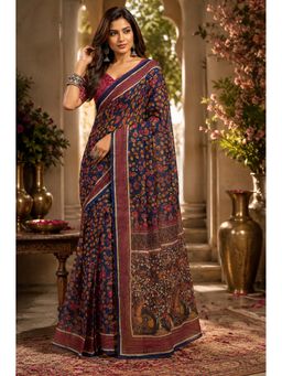 BFM - Navy Blue Floral Printed Ready To Wear Saree with Unstitched Blouse