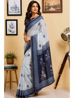 BFM - Navy Blue Floral Printed Ready To Wear Saree with Unstitched Blouse