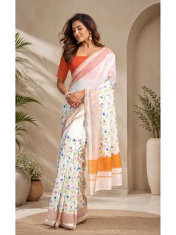BFM - White Floral Printed Ready To Wear Saree with Unstitched Blouse