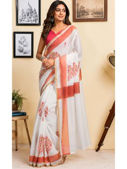 BFM - White Floral Printed Ready To Wear Saree with Unstitched Blouse