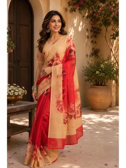BFM - Red Printed Ready To Wear Saree with Unstitched Blouse
