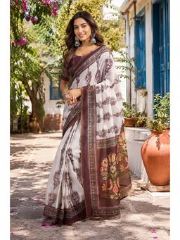 BFM - Off White Printed Ready To Wear Saree with Unstitched Blouse