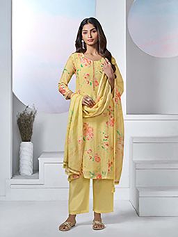 Seerat - Yellow Floral Printed Straight Kurta and Pant with Dupatta