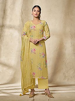 Seerat - Yellow Floral Printed Straight Kurta and Pant with Dupatta