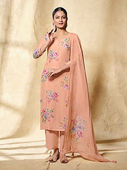 Seerat - Peach Floral Printed Straight Kurta and Pant with Dupatta