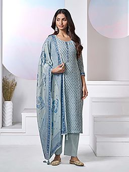 Seerat - Blue Floral Printed Straight Kurta and Pant with Dupatta