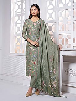 Seerat - Green Floral Printed Straight Kurta and Pant with Dupatta