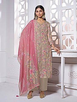 Seerat - Grey Floral Printed Straight Kurta and Pant with Dupatta