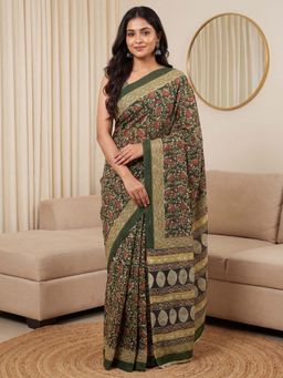 Sareemall - Women's Cotton Olive Floral Printed Designer Saree with Unstitched Blouse