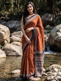 Sareemall - Women's Cotton Rust Printed Designer Saree with Unstitched Blouse