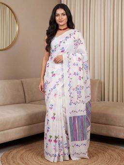 Sareemall - Women's Cotton White Floral Printed Designer Saree with Unstitched Blouse