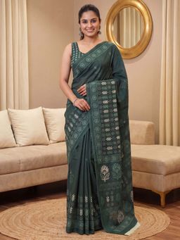 Sareemall - Women's Cotton Teal Green Printed Designer Saree with Unstitched Blouse