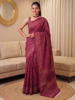 Sareemall - Women's Cotton Wine Floral Printed Designer Saree with Unstitched Blouse