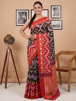 Sareemall - Women's Cotton Black Printed Designer Saree with Unstitched Blouse