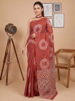 Sareemall - Women's Cotton Rust Printed Designer Saree with Unstitched Blouse