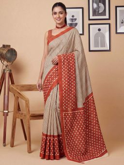 Sareemall - Women's Cotton Multi-Color Stripes Printed Designer Saree with Unstitched Blouse