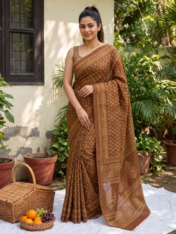 Sareemall - Women's Cotton Brown Floral Printed Designer Saree with Unstitched Blouse