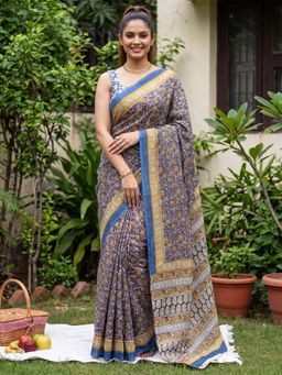 Sareemall - Women's Cotton Light Blue Floral Printed Designer Saree with Unstitched Blouse