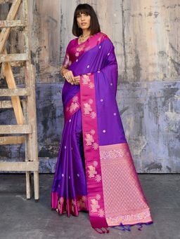 Sareemall - Women's Soft Silk Purple Floral Woven Designer Saree with Unstitched Blouse
