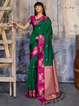 Sareemall - Women's Soft Silk Green Floral Woven Designer Saree with Unstitched Blouse
