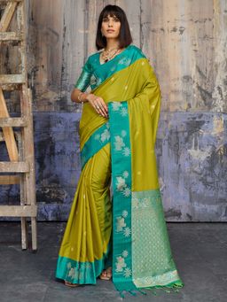 Sareemall - Women's Soft Silk Light Olive Floral Woven Designer Saree with Unstitched Blouse