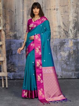 Sareemall - Women's Soft Silk Teal Blue Floral Woven Designer Saree with Unstitched Blouse