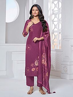Seerat - Wine Floral Printed Straight Kurta and Pant with Dupatta