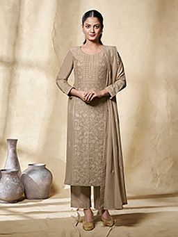 Seerat - Beige Floral Embroidered Straight Kurta and Pant with Dupatta