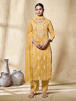 Seerat - Yellow Floral Thread Embroidered Straight Kurta and Pant with Dupatta