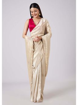 KALKI FASHION - Pastel Cream Solid Saree with Unstitched Blouse