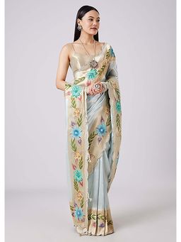 KALKI FASHION - Pastel Grey Floral Hand Painted Saree with Unstitched Blouse