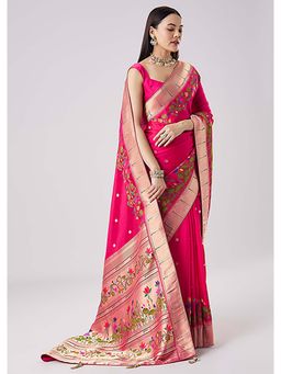 KALKI FASHION - Rani Pink Woven Motif Saree with Unstitched Blouse